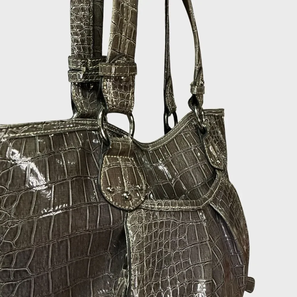 Nine West Croc Embossed Patent Tote Shoulder Bag Brown Glossy Faux Leather
